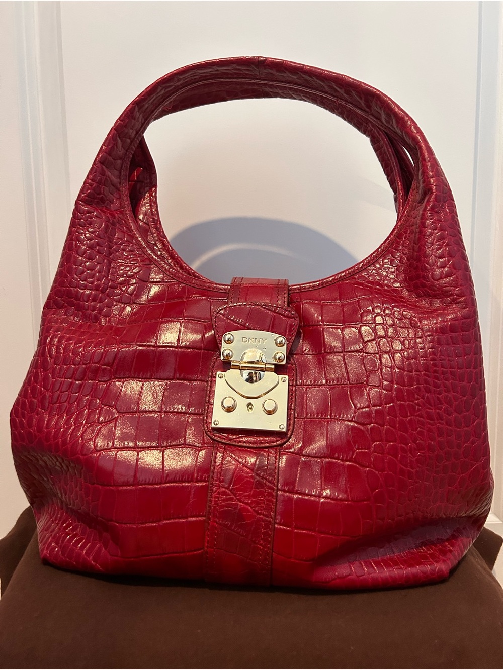 DKNY Red Croc-Embossed Leather Hobo Bag